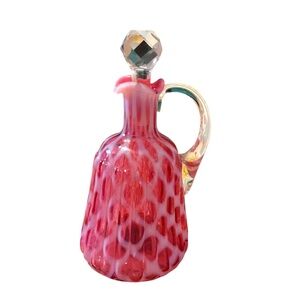 Northwood Victorian Glass‎ Cranberry Opalescent Ribbed Lattice Cruet